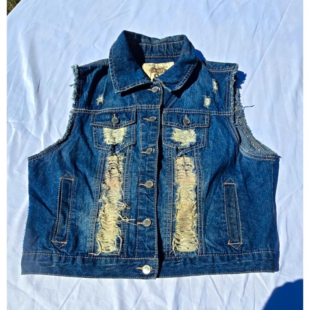 Route 66 Women's Blue Distressed Vest Button Front Collared Pockets Size XL
